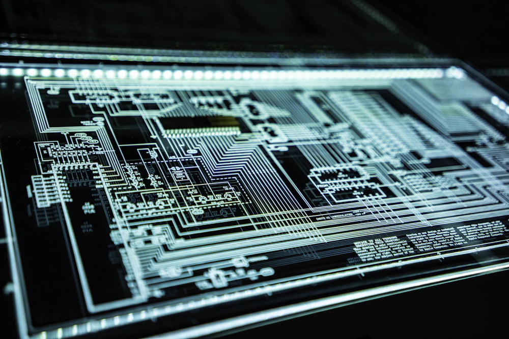 Estrutura tecnológica escura com luzes de neon