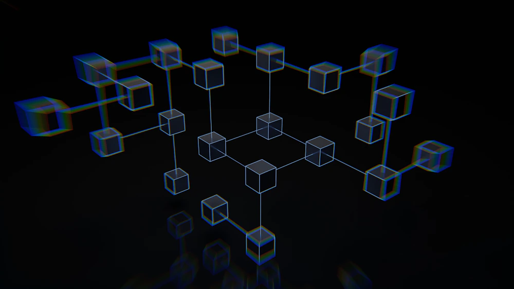 Visualização abstrata de rede de dados em tons azuis